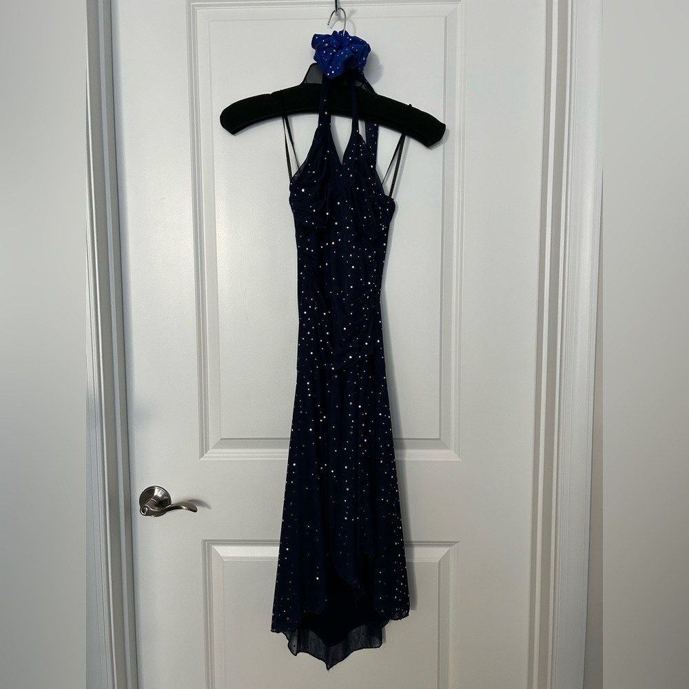 City Triangles Navy Blue Shimmer Halter Asymmetrical Dress